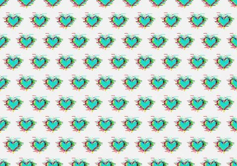 Seamless pattern of blue hearts with glitch effect Illustrazione stock