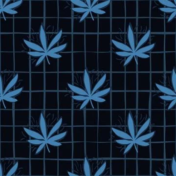Seamless pattern with blue hemp leaves. Navy background with check. Stock Illustration