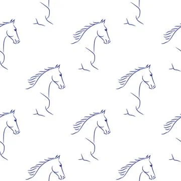 Seamless pattern with blue horses, white background. Stock Illustration
