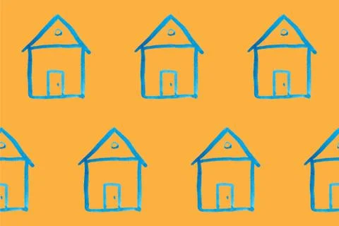 Seamless pattern with blue house icon on orange backboard Stock Illustration
