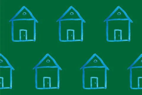 Seamless pattern with blue house icon on green backboard Stock Illustration