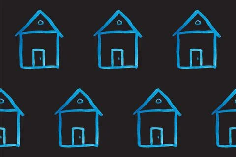 Seamless pattern with blue house icon on black backboard. Cartoon style baby Stock Illustration