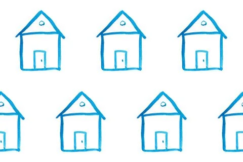 Seamless pattern with blue house icon on white backboard. Cartoon style baby  Stock Illustration