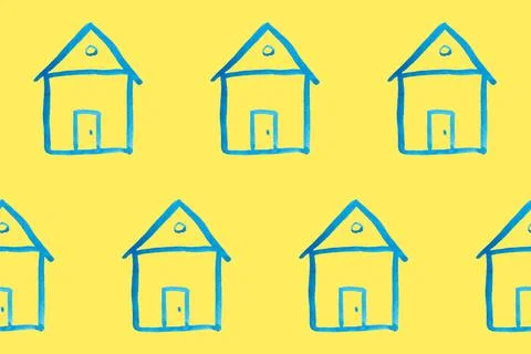 Seamless pattern with blue house icon on yellow backboard. Cartoon style baby Stock Photos