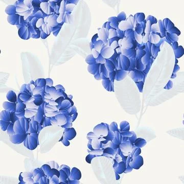 Seamless pattern, blue hydrangea flower with white guava leaves on light grey Stock Illustration