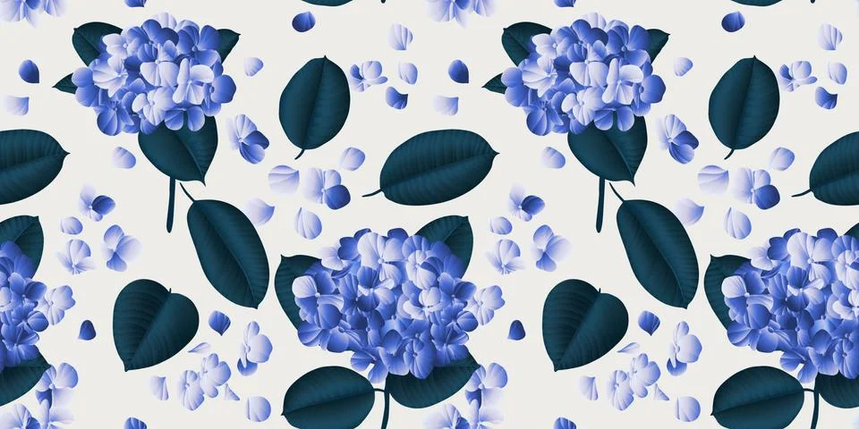 Seamless pattern, blue hydrangea flower with green guava leaves on light grey Illustrazione stock