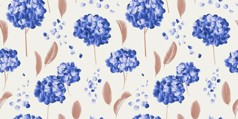 Seamless pattern, blue hydrangea flower with brown guava leaves on light grey Stock Illustration