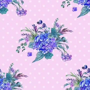 Seamless pattern with blue hydrangea on a pastel pink background with white Stock Illustration