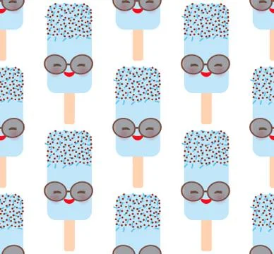 Seamless pattern blue ice cream, ice lolly with sprinkles. Kawaii with pink c 스톡 일러스트