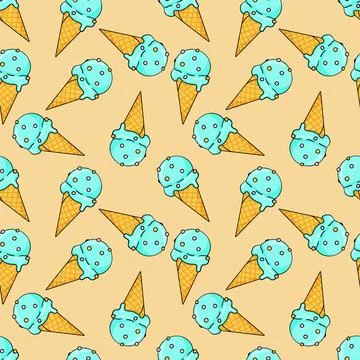 Seamless Pattern With Blue Ice Cream In Waffle Cone On Beige Background. Stock Illustration