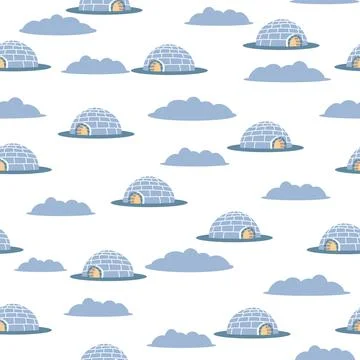 Seamless pattern of blue igloo. White winter background. Hand drawing icehous Illustrazione stock
