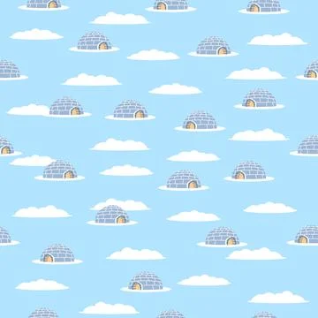 Seamless pattern of blue igloo. White winter background. Hand drawing icehous Illustrazione stock