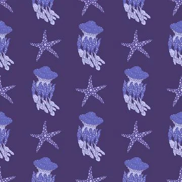 Seamless pattern of blue jellyfish and sea star. Vector coralline reef ocean Illustrazione stock