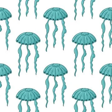 Seamless pattern of blue jellyfish with flowing tentacle on a white background Stock Illustration