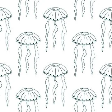 Seamless pattern of blue jellyfish with flowing tentacle on a white background Stock Illustration
