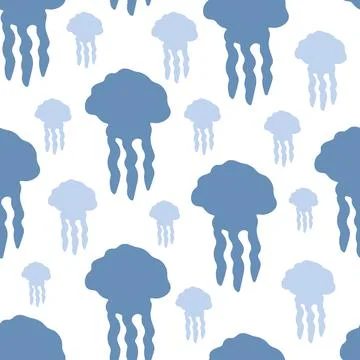 Seamless Pattern with Blue Jellyfish Silhouettes on White Background. Stock Illustration