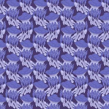 Seamless pattern of blue jellyfish. Vector coralline reef ocean animals Stock Illustration