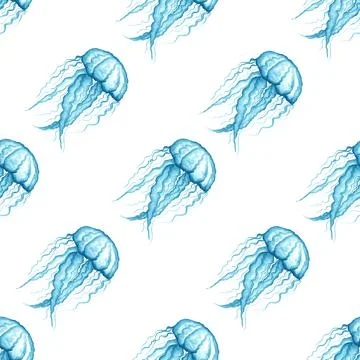 Seamless pattern with blue jellyfish on a white background. Watercolor illust Stock Illustration