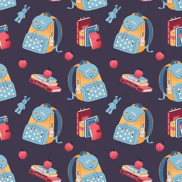 Seamless Pattern with Blue Kids Backpack, Stack of Books, Apple. Back to School Illustrazione stock