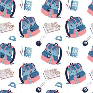Seamless Pattern with Blue Kids Backpack, Textbooks, Protractor. Background for 스톡 일러스트