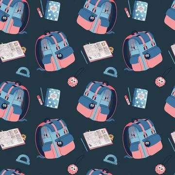 Seamless Pattern with Blue Kids Backpack, Textbooks, Protractor. Background for 库存插图
