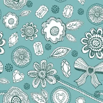 Seamless pattern with blue lace, diamonds, flowers, leaves. Vector Stock Illustration