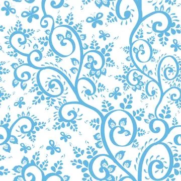 Seamless pattern with blue leaves, branches, butterflies on a white backgroun Stock Illustration