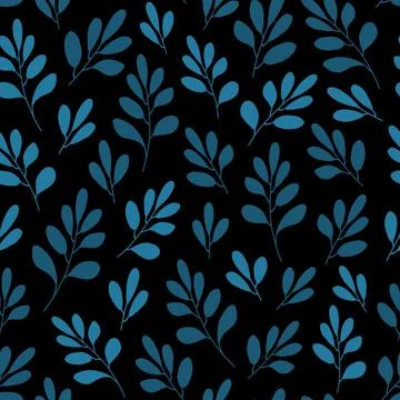 Seamless pattern of blue leaves, branches on a black background. Simple minim Stock Illustration