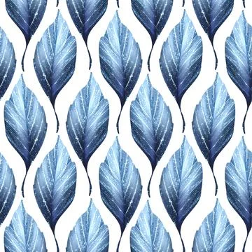 Seamless pattern with blue leaves on white Stock Illustration