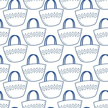 Seamless pattern with blue line art beach bag straw tote for summer vacation 스톡 일러스트