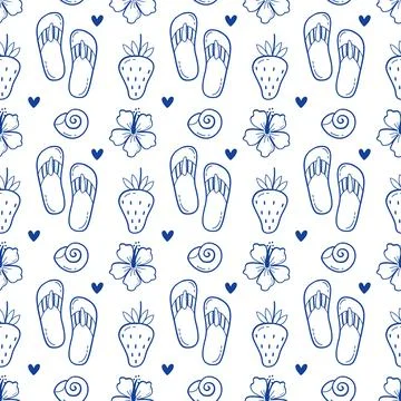 Seamless pattern with blue line art flip flop strawberry hibiscus flower and Ilustração Stock
