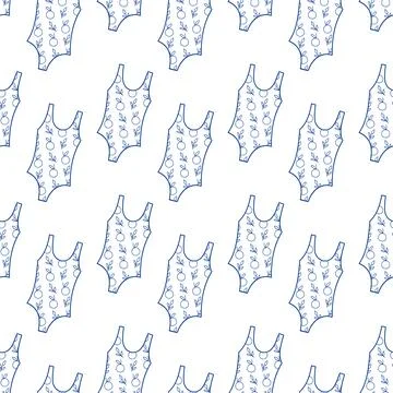 Seamless pattern with blue line art swimsuits on white background for textile Ilustração Stock