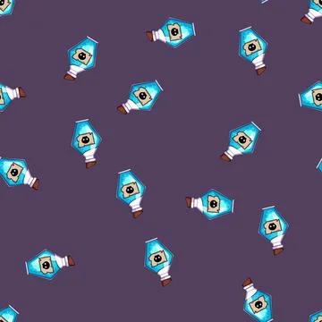 Seamless pattern Blue liquid poison potion in fancy bottle Stock Illustration