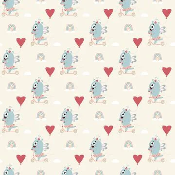 Seamless pattern with blue monster. A cute character - a monster girl in a skirt 스톡 일러스트