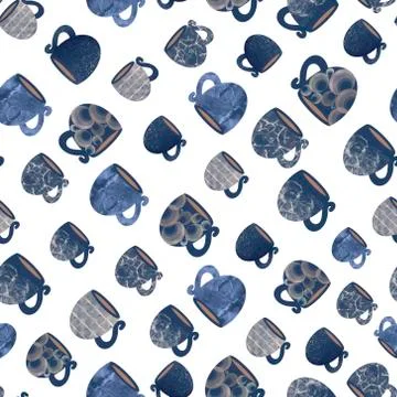 .Seamless pattern of blue mugs and cups. Design for kitchen accessories, towels Stock Illustration