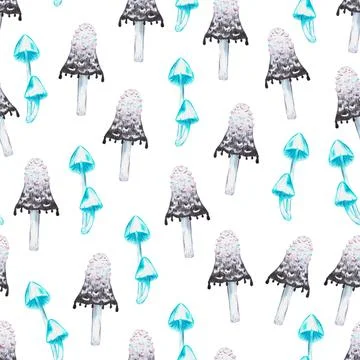 Seamless pattern of blue mushrooms and ink caps, hand drawn colored pencils Stock Illustration