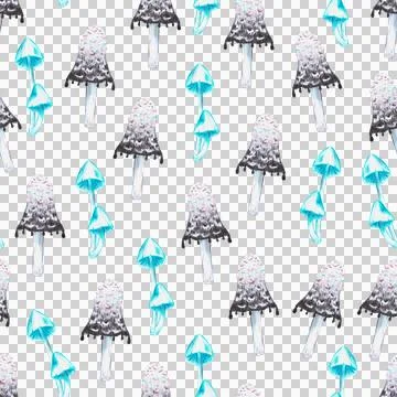 Seamless pattern of blue mushrooms and ink caps, hand drawn colored pencils Stock Illustration