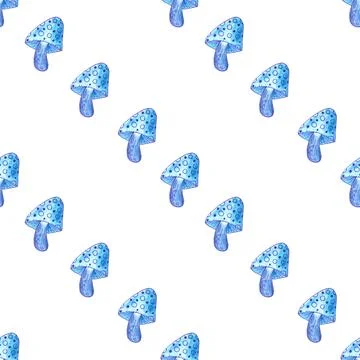 Seamless pattern of blue mushrooms isolated on white, hand drawn with pen Stock Illustration