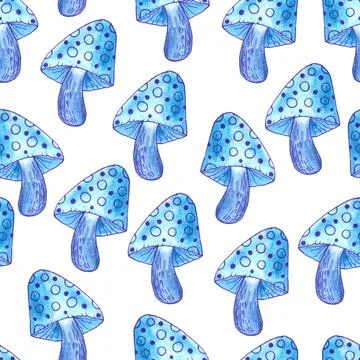 Seamless pattern of blue mushrooms isolated on white, hand drawn with pen Stock Illustration