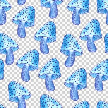 Seamless pattern of blue mushrooms isolated on white, hand drawn with pen Stock Illustration