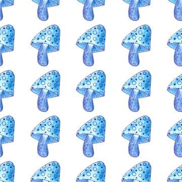 Seamless pattern of blue mushrooms isolated on white, hand drawn with pen Illustrazione stock