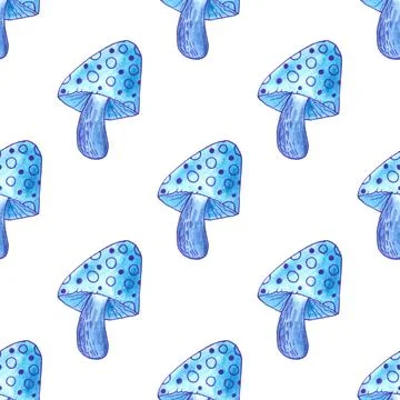 Seamless pattern of blue mushrooms isolated on white, hand drawn with pen Illustrazione stock