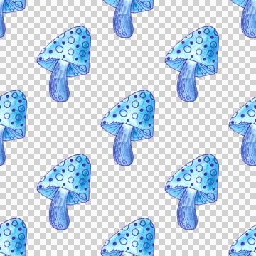 Seamless pattern of blue mushrooms isolated on white, hand drawn with pen Illustrazione stock