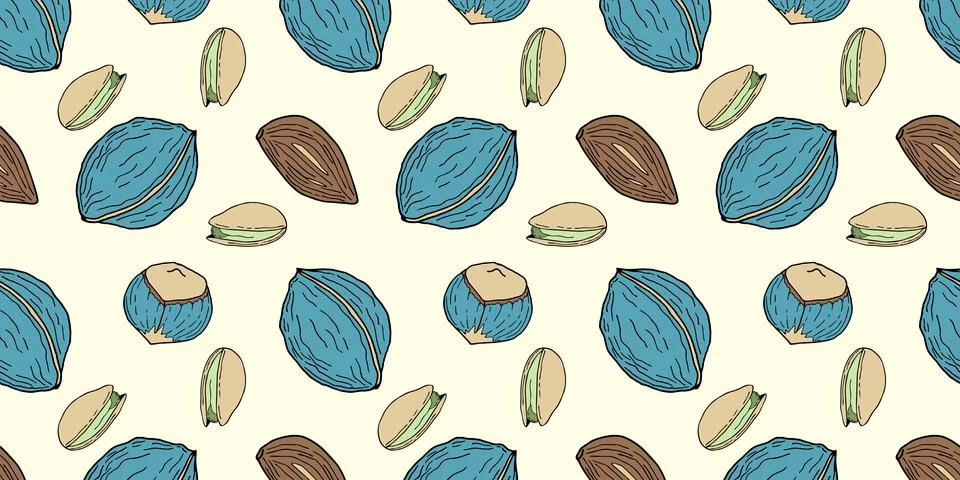 Seamless pattern with blue nuts hand drawn doodle - walnut, hazelnut, almond. 스톡 일러스트