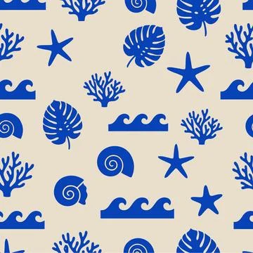 Seamless Pattern with Blue Ocean Elements on a Light Background. Stock Illustration