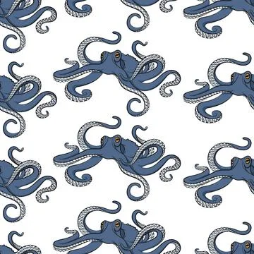Seamless pattern with blue octopus Stock Illustration