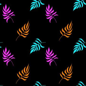 Seamless pattern of blue, orange and pink palm leaves on a black background. Stock Illustration