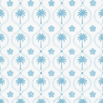 Seamless Pattern with Blue Palm Trees and Floral Motifs on White Background. Stock Illustration