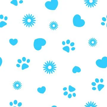 Seamless pattern with blue paws animal with hearts Stock Illustration