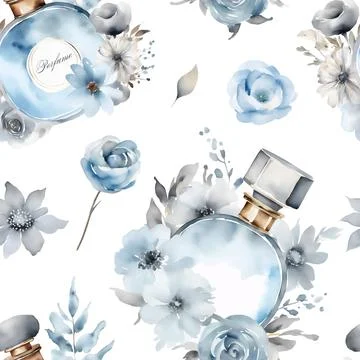 Seamless pattern with blue perfume and grey flowers. Watercolor print Stock-Illustration